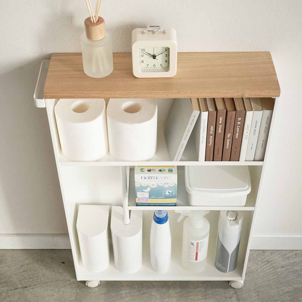 Etagère de toilette sur roulettes métal et bois Slim (Blanc)خزانة حمام متنقلة بعجلات