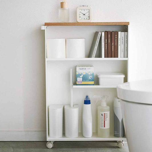 Etagère de toilette sur roulettes métal et bois Slim (Blanc)خزانة حمام متنقلة بعجلات