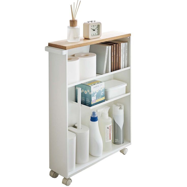 Etagère de toilette sur roulettes métal et bois Slim (Blanc)خزانة حمام متنقلة بعجلات